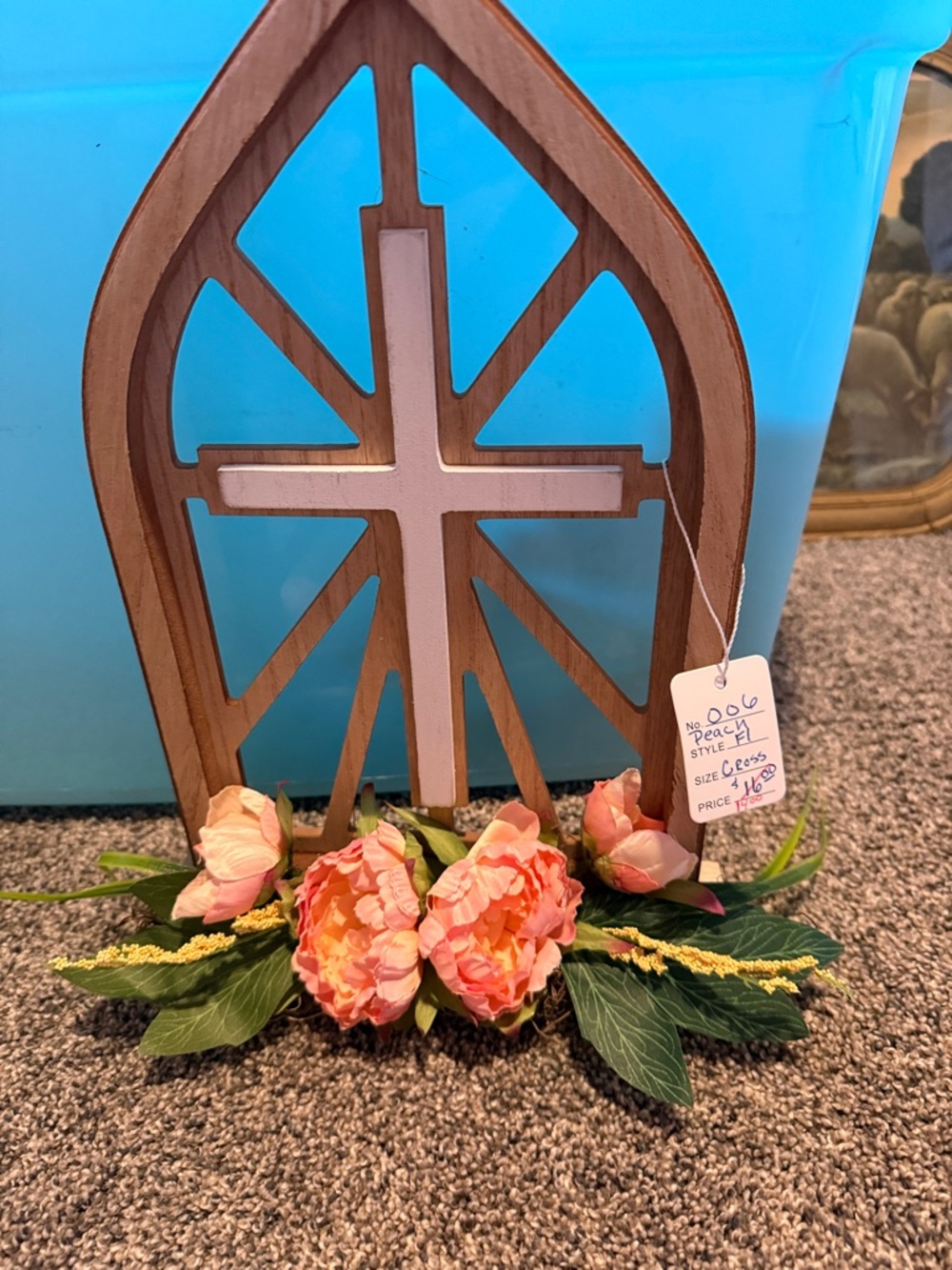 Wooden Cross Wall Accent with Peach-Pink Floral. Clearance from my boutique